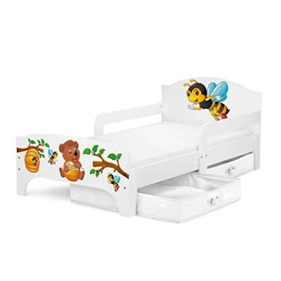Afbeelding van Leomark Kinderbed Smart, eenvoudig, van hout, motief honing en beer, lades, opbergruimte voor beddengoed, lattenbodem, matras, valbestendig, uv print, ligoppervlak 140 x 70 cm