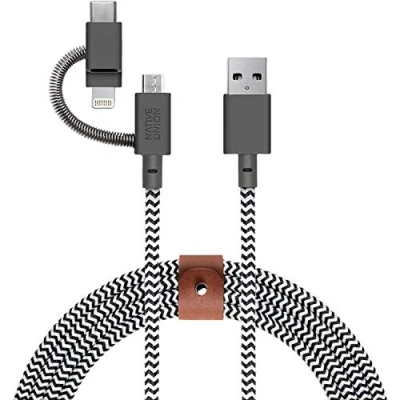 Afbeelding van Native Union 2 m lange universele kabel, versterkt [MFi gecertificeerd] duurzame oplaadkabel met 3 in 1 adapter voor Lightning, USB C en Micro (Zebra) apparaten