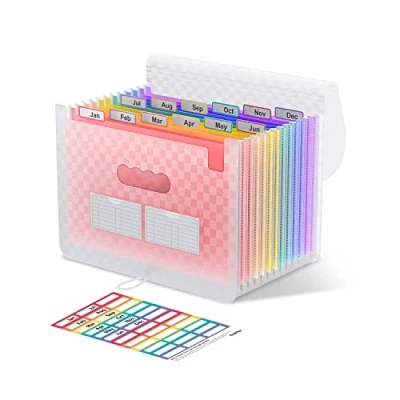 Afbeelding van ThinkTex Accordean File Organizer, 12 zakken uitbreiden bestandsmappen, draagbare maandelijkse factuur ontvangstbewijs, kleurrijke tabs, A4 formaat roze