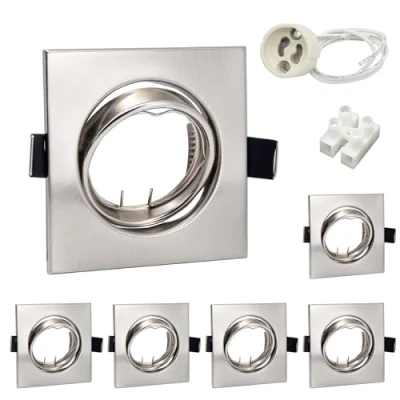 Afbeelding van Wondlumi Inbouwspot GU10 set, montageframe van roestvrij staal, vierkant, voor inbouwspot, 68 mm, met fitting, 30 graden draaibaar, AC 220 240 V, rond, led of halogeenlampen, 6 stuks