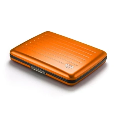 Afbeelding van OGON Smart Case V2 Aluminium portemonnee, groot formaat identiteitskaart, rijbewijs, verborgen vak voor munten, RFID bescherming, capaciteit 10 kaarten, oranje, Minimalistisch