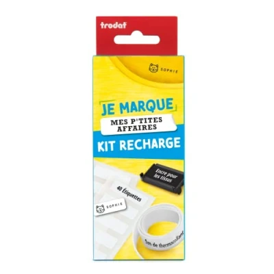 Afbeelding van Navulset voor stempels &quot;Ik markeer mijn P&#039;tites Affaires&quot; om de spullen van je kinderen te markeren zwarte inktcassette + etiketten strijkband ideaal het kleding