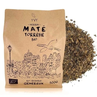 Afbeelding van YVY MATÉ Yerba Mate Bio Geroosterd, 500 g, biologische mat, fair trade en rookvrij, zonder steel, matige bitterheid, ideaal voor dagelijkse consumptie, energiedrank