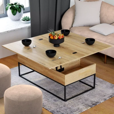 Image de table basse rectangulaire relevable convertible en à manger DETROIT design industriel