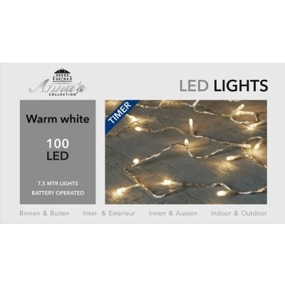 Afbeelding van Kerstverlichting met timer 100 warm witte lampjes op batterijen Lichtsnoer transparant leds