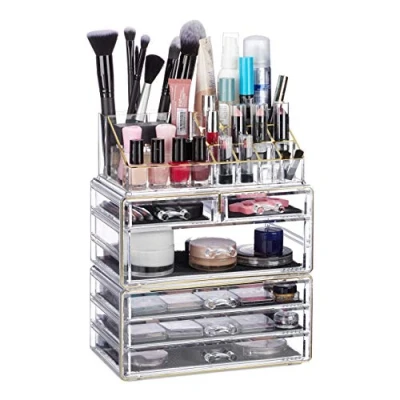 Afbeelding van Relaxdays make up organizer met 6 lades acryl cosmeticahouder cosmetica opslag goud