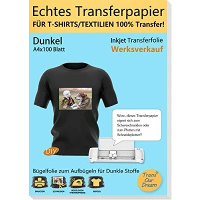 Afbeelding van TransOurDream ECHT Inkjet Transferfolie Transferpapier voor donker textiel A4X100 vellen, inkjetprinters donkere T shirts en bedrukbare strijkfolie (3 100)