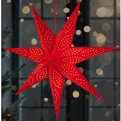 Afbeelding van BRUBAKER 60 cm Papieren Kerstster om op te Hangen LED Adventsster voor Kerstdecoratie en Raam 3D Ster met Timer Functie Hangende Lichtster Verlichtbaar Batterij Rood