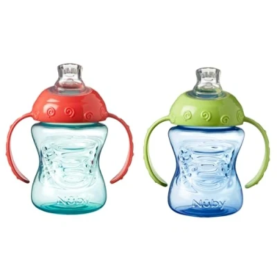 Afbeelding van Nuby Grip N Sip Trainingsbeker met handvat, zachte lekvrije uitloop, 240 ml, geschikt vanaf 4 maanden (2 stuks, blauw/groen)