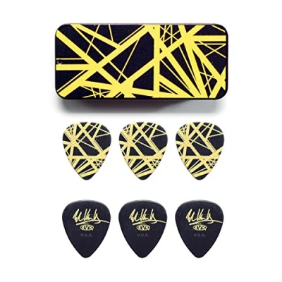 Afbeelding van Dunlop EVH PT04 Black Pick Tin with Yellow Stripes set of 6 Plectrum