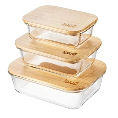 Afbeelding van glazen voedselopslagcontainers (set van 3), milieuvriendelijke voedselcontainers met bamboe deksels, stapelbare containers, luchtdichte lunchbox (met 3 elastische banden)