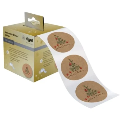 Afbeelding van SIGEL CS123 Kerststickers op rol, 200 stickers, 4,7 x cm, &quot;Kerstmotief met Aples&quot;, bruin, groen, rood