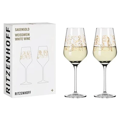 Afbeelding van wittewijnglas 300 ml Serie Sagengold Nr. 1 set van 2, mythologiemotief, echt goud
