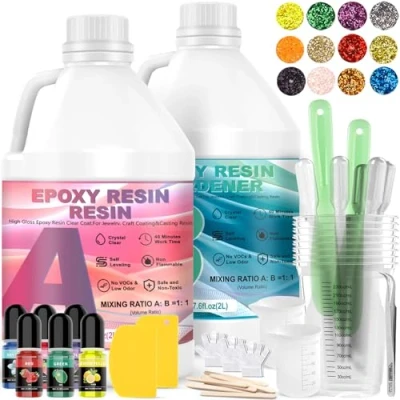 Afbeelding van MWZEAUL Resine Epoxy Transparente, 4L/1,1 Gallen 1: 1 Ratio Résine époxy Cristalline, Kit Complet Débutant pour Moulage et Revêtement, Fabrication de Bijoux, Bois, Table, Atelier