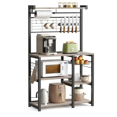 Afbeelding van VASAGLE Keukenrek, opbergkast, keukeneiland met magnetische houder voor messen, metalen mand, keukenhanddoeken, 12 haken, grijs en zwart KKS026B02