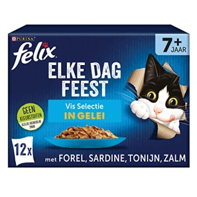 Afbeelding van Felix Elke Dag Feest 7+ Senior Vis Selectie Kattenvoer Natvoer Tonijn Zalm Sardines &amp; Forel 48 x 85 g