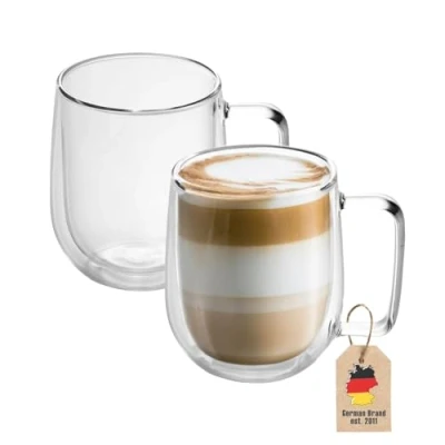 Afbeelding van Intirilife 2x dubbelwandig thermoglas set in 250 ml koffiemok thermoglazen mondgeblazen geïsoleerd latte macchiato theeglas koffieglas met handvat