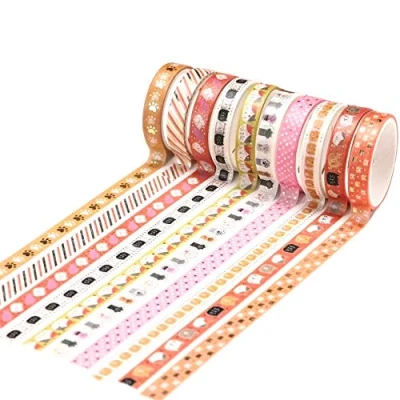 Afbeelding van YUBX Washi Plakband, dun, goudkleurig, voor knutselwerk, dagboeken, scrapbooking, verpakkingen (kattenmotief)