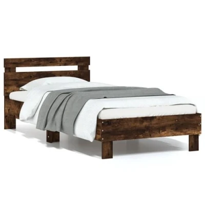 Afbeelding van Bedframe met hoofdbord en LED gerookt eikenkleurig 75x190 cm