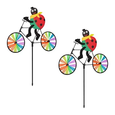 Afbeelding van Relaxdays windmolen lieveheersbeestje set van 2 tuinsteker fiets windspel regenboog