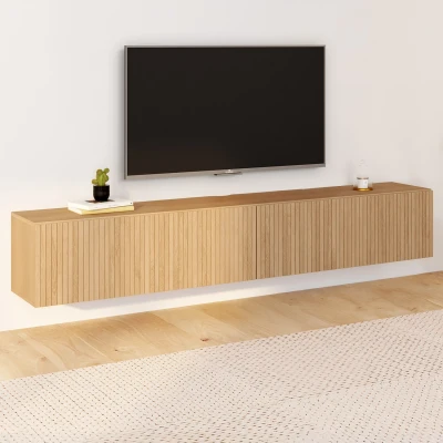 Image de Meuble TV 180 cm suspendu JULIETTE lattes tasseau bois coloris chêne IDMarket
