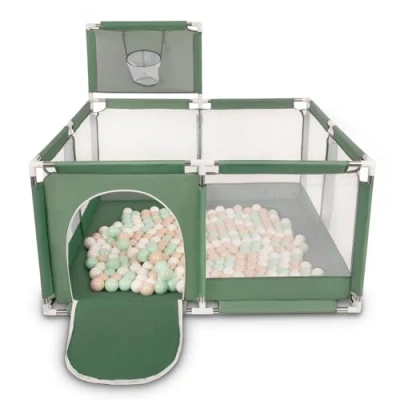 Afbeelding van Selonis Kinderbox met Mand en 400 Ballen, Groen:Pastel Beige/Wit/Mint