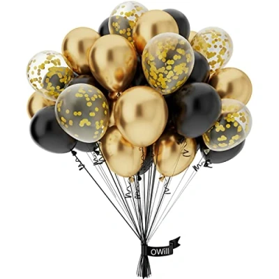 Afbeelding van Lot de 50 ballons noirs et dorés à confettis 25 cm en latex noir doré, d&#039;anniversaire, pour mariage, anniversaire, anniversaire décoration fête