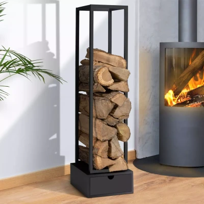 Image de Range bûches vertical acier noir H. 125 cm avec tiroir IDMarket