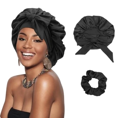 Afbeelding van DRESHOW Gevlochten satijnen muts voor dames, zijden om te slapen, slaapmuts met elastische band, nachtmuts lang en krullend haar, 1 stuk Sleep Cap: 10 Zwart