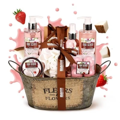 Afbeelding van BRUBAKER Cosmetics Bad en Doucheset, Kokosnoot &amp; Aardbeigeur Cadeautip Vrouw Cadeau Idee 11 delige Cadeauset in Vintage Plantenbak Moederdag cadeautje