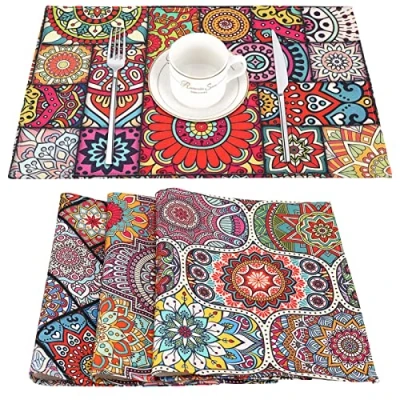 Afbeelding van placemat Boho Mandala decoratieve katoen linnen placemats etnische Boheemse stijl bloem paisley hittebestendig wasbaar voor keuken eetkamer 4 pack 45 x 32 cm