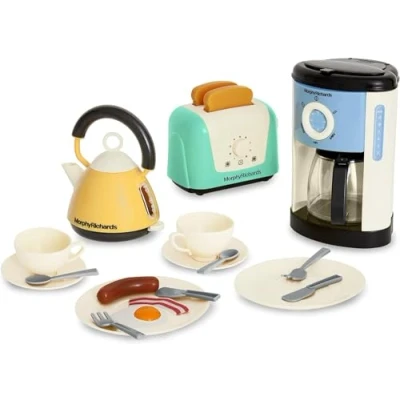 Afbeelding van Casdon Morphy Richards Toys Complete keukenset voor kinderen met broodrooster, koffiezetapparaat, waterkoker, speelvoedsel en meer, vanaf 3 jaar, pastel