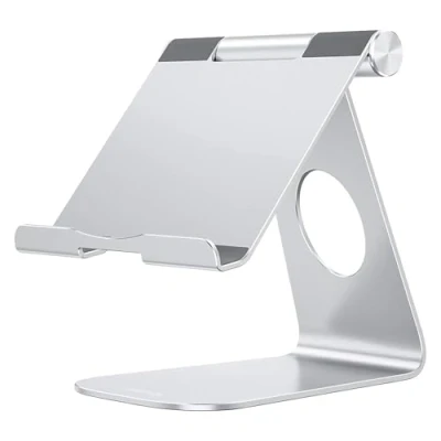 Afbeelding van OMOTON tabletstandaard, verstelbare minimalistisch aluminium dockingstation compatibel met iPad 10.2/9.7, Pro 12.9/10.5, Air 5/Mini 6, Samsung Tablet, enz. Zilver
