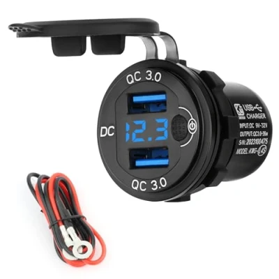 Afbeelding van Oplaadaansluiting, 12 V/24 V, voor auto, dubbele USB oplaadaansluiting QC3.0 met kabel, led display en schakelaar auto