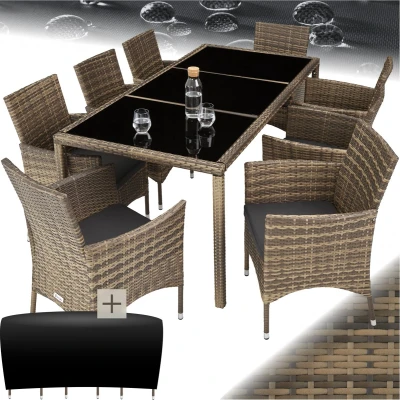 Afbeelding van tectake® elegante outdoor tuinmeubelset wicker zitgroep met fauteuil en tafel voor 8 personen, inclusief beschermhoes kussens, weerbestendig balkonmeubilair natuurkleur poly rattan