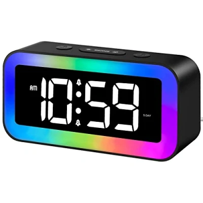 Afbeelding van MOSUO Digitale wekker, RGB verlichte kinderwekker met nachtlampje, 7 kleuren, led digitaal, tiener ochtendwekker, 2 alarmmodi, instelbare helderheid, snooze, spraakbediening, 12/24 uur, USB poort