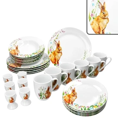 Afbeelding van MamboCat Osterfreude 30 delig tafelservies van lenteporselein met paashaas decoratie voor 6 personen, kopjes, schoteltjes, taartborden, soepborden en platte borden