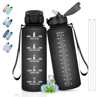 Afbeelding van bouteille d&#039;eau 1,5 l Gourde avec paille, de sport, randonnée, yoga, noir