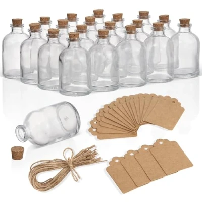 Afbeelding van 20 Mini Glazen Flesjes met Kurk &amp; Etiketten, 50 ml Kleine Bewaarpotjes Ideaal voor Bruiloftsdecoratie, Snoep, DIY Knutselen