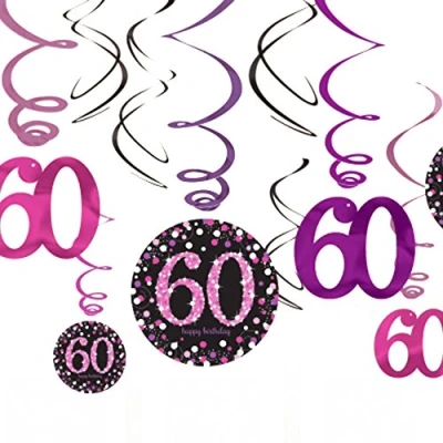 Afbeelding van Decoratie Swirls 60 jaar Sparkling Roze 12 stuks