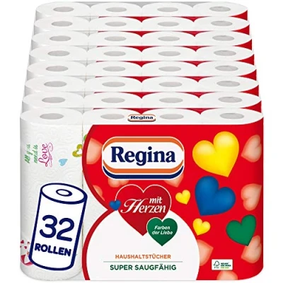 Afbeelding van Regina mit Herzen 32 rollen 3 laags keukenpapier (8 x 4 afzonderlijke verpakkingen), 43 vellen per rol, super absorberend, dik, duurzaam, SC® gecertificeerd papier