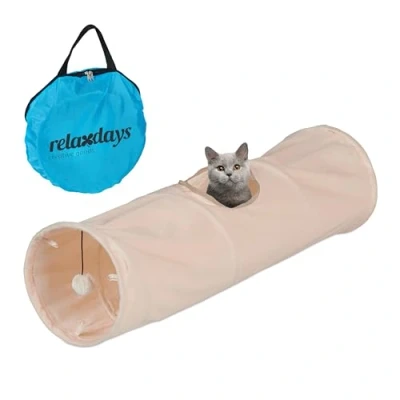 Afbeelding van Relaxdays kattentunnel opvouwbaar 88 x 25 cm pluche speeltunnel katten zacht beige