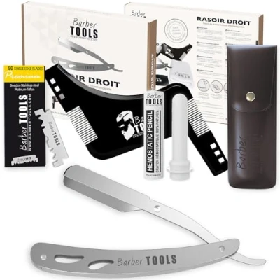 Afbeelding van Scheerset voor heren baardscheerapparaat heren/baardsnijder met 50 eenvoudige mesjes + doek aluinstick opbergtas scheerkam grijs Barber tools