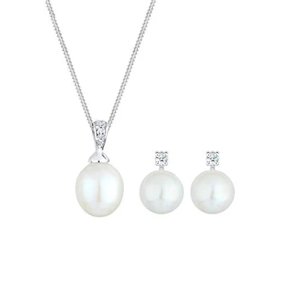 Afbeelding van Elli PREMIUM Dames Sieraden Set Zoetwater Gekweekte Parel met Diamant (0.10 ct.) in 925 Sterling Zilver
