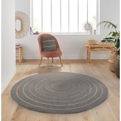 Afbeelding van Atout Ciel Rond vloerkleed van gevlochten katoen, gestreept, jute effect, grijs, 80 cm