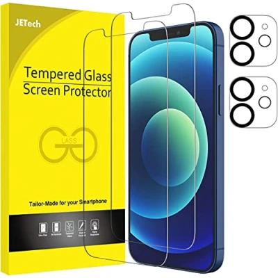 Afbeelding van JETech Displaybeschermfolie voor iPhone 12 6,1 inch met cameralens bescherming achter, folie van gehard glas, 2 stuks elk