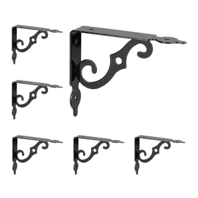 Afbeelding van Relaxdays plankdrager set van 6 metalen schapdrager plankhouder vintage plankensteun zwart
