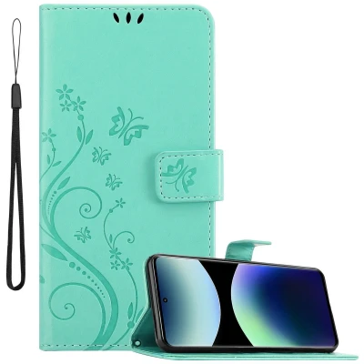 Afbeelding van Cadorabo Hoesje geschikt voor Xiaomi RedMi Note 14 Pro Plus 5G in BLOEMEN TURKOOIS Beschermhoes bloemmotief met magnetische sluiting, standfunctie en kaartsleuven Book Case Cover Etui