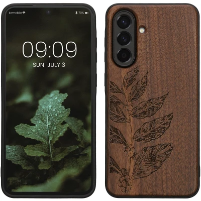 Afbeelding van kwmobile telefoonhoesje geschikt voorSamsung Galaxy A56 5G Hoesje met bumper hout In donkerbruin Bladertak design