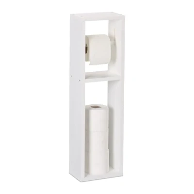 Afbeelding van Relaxdays Toiletpapierhouder, walnoothout, wand of staand, reserverolhouder H x B D: 70 20 13 cm, wit